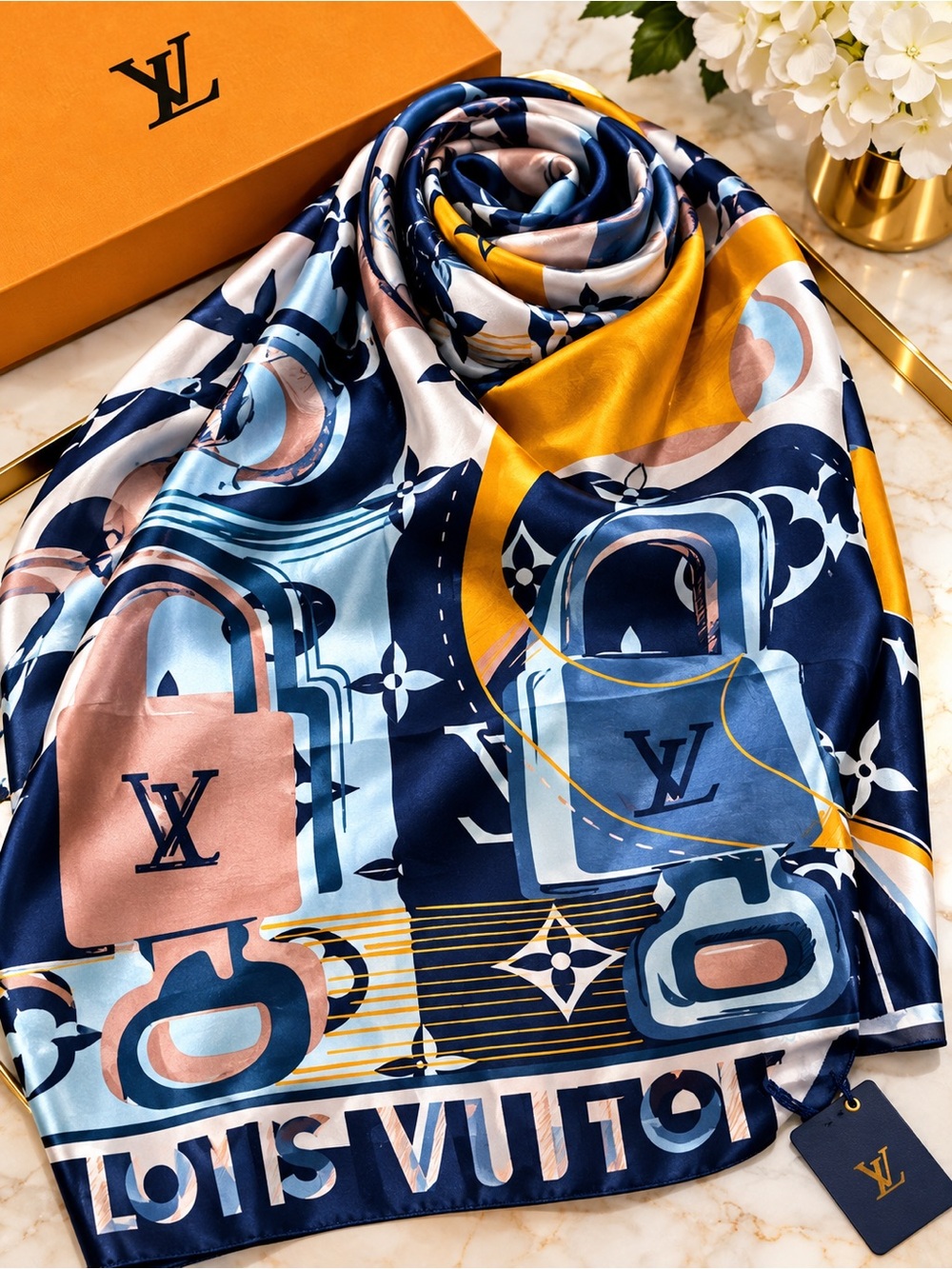 Source Unknown Silk-Feel Scarf in Navy, Gold & Pink